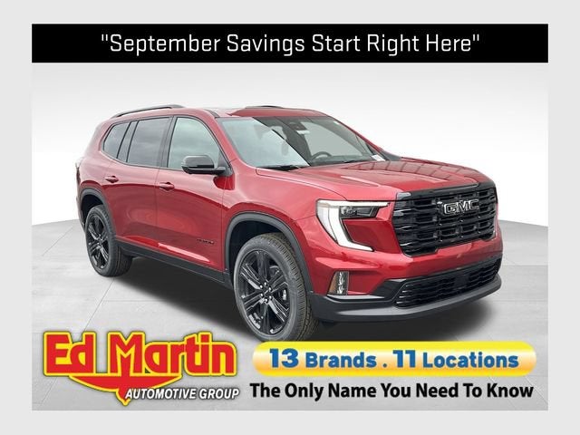 2026 GMC Acadia Elevation in Volcanic Red Tintcoat — front three-quarter view
