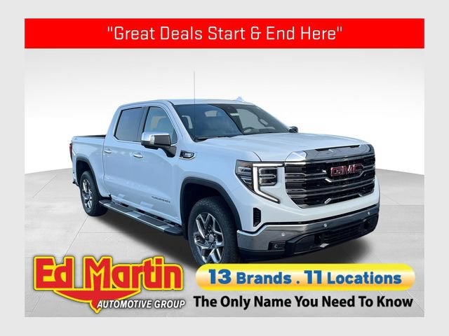 2026 GMC Sierra 1500 SLT in Glacier White Tricoat — front three-quarter view